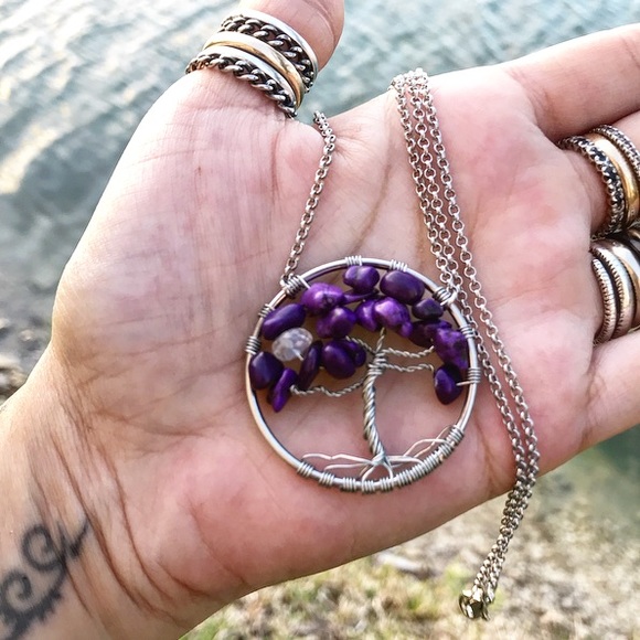 Boho tree of life purple coral moonstone wire wrap - Picture 3 of 8